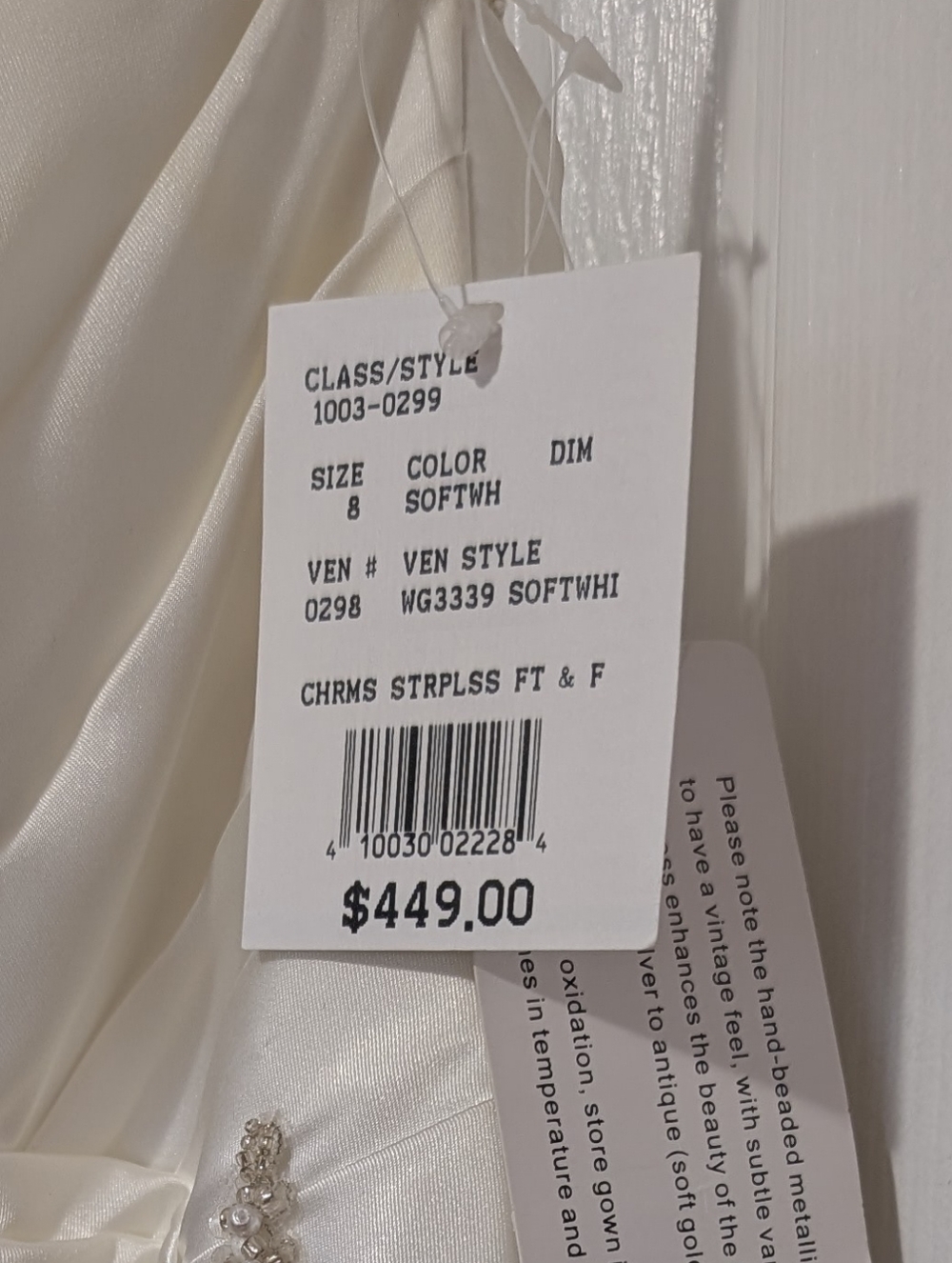David’s Bridal Ivory Strapless Satin Wedding Dress w/ Ruching & Beaded Detail - Picture 2 of 5